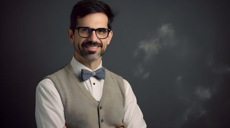 Portrait of a handsome man with glasses and bow tie on grey backgroundの素材