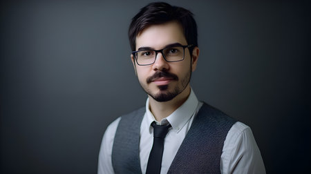 Portrait of handsome young man with eyeglasses on grey backgroundの素材