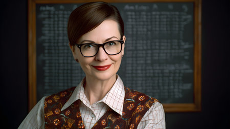Portrait of a teacher in glasses on a blackboard background.の素材