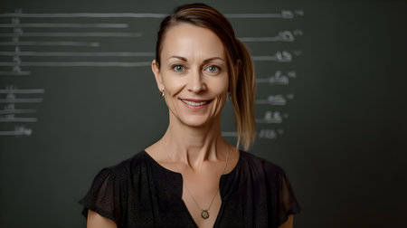 Portrait of smiling teacher looking at camera on blackboard background.の素材