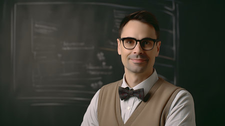 Portrait of handsome teacher near blackboard with chalkboard on backgroundの素材