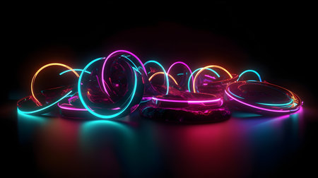 Glowing neon circles on black background. 3d render illustration.の素材