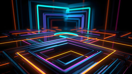 3d rendering, abstract background with neon lights, square maze.の素材