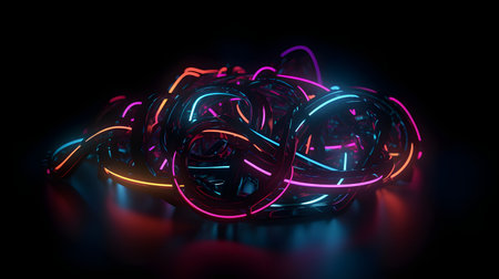 3d rendering of multicolored neon rings on black background.の素材