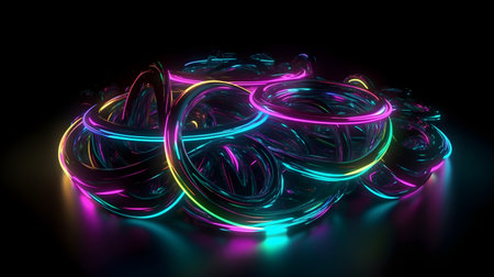 Glowing neon circles on a black background. 3D rendering.の素材