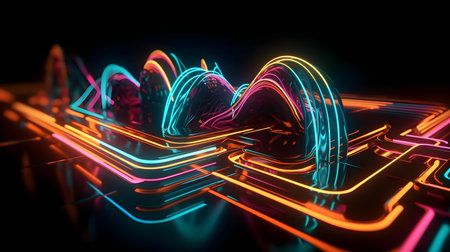 3d rendering of abstract technology background with glowing lines and bokehの素材