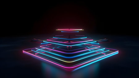 3d render, abstract background, neon lights, glowing lines, round podiumの素材