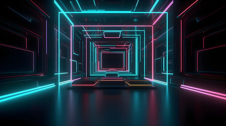 3D abstract background with neon lights. neon tunnel.space construction. 3d illustrationの素材
