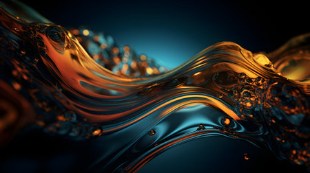 3d rendering of abstract wavy liquid background in black and orange colorsの素材