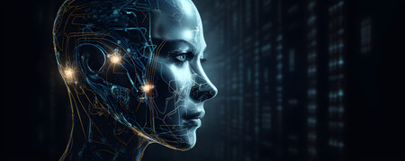 Artificial intelligence concept with cyborg head 3D rendering on dark backgroundの素材