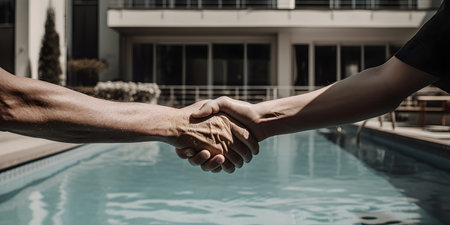 Cropped image of man and woman shaking hands near swimming pool at homeの素材
