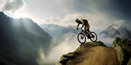 Mountain biker riding on the trail. Extreme sport concept.の素材