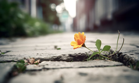 Orange flower on the cement floor in the city. vintage tone.の素材