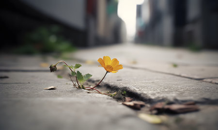 Yellow flower on the street. Selective focus. Shallow depth of field.の素材