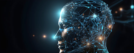 Cyborg head with glowing network hologram. Artificial intelligence concept. 3D Renderingの素材