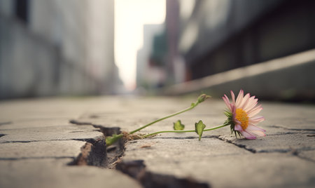 pink daisy flower growing through crack on the ground in the cityの素材