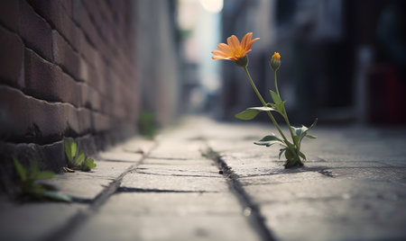 Flower in the middle of the street with brick wall background.の素材