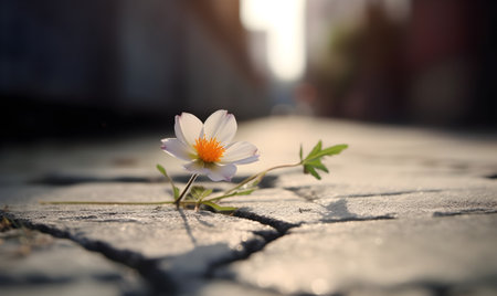 Flower on the pavement in the rays of the setting sun.の素材