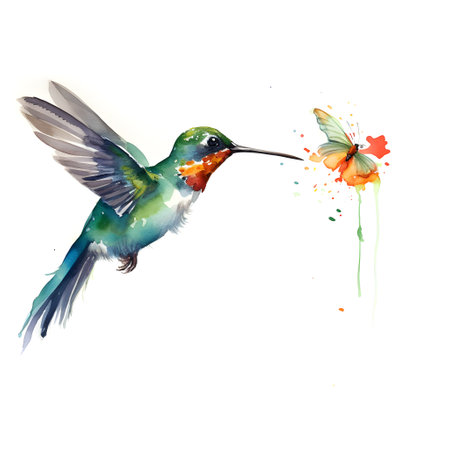 Hummingbird with butterfly. Watercolor illustration isolated on white backgroundのイラスト素材