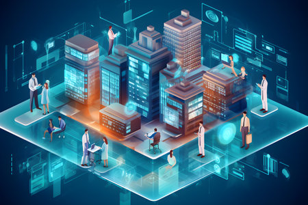 Isometric concept of smart city with people working in virtual reality. Vector illustrationの素材