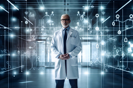 Conceptual image of confident doctor in white coat and stethoscopeの素材