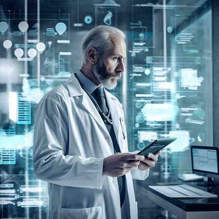 Confident mature doctor using tablet computer in modern hospital. Double exposureの素材