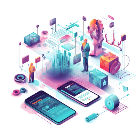 Isometric concept of smart city with people and gadgets. Vector illustrationの素材