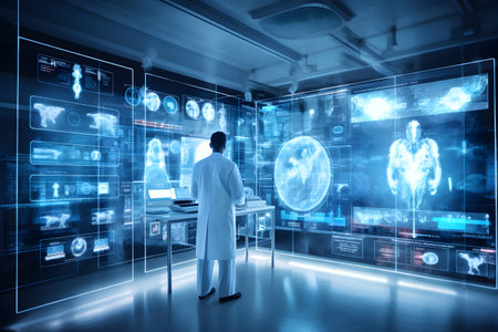 Doctor in hospital looking at x-ray image. 3D renderingの素材