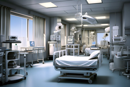 3D rendering of a modern operating room with a bed and equipmentの素材