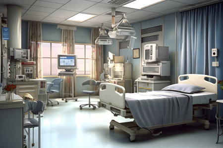 3D rendering of an operating room in a hospital with a bedの素材