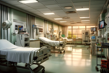 Interior of a modern hospital room with medical equipment and patient bedの素材