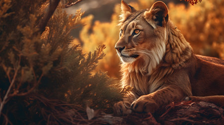 Lion in the wild nature. Wildlife scene from Africa. Beautiful female lion in the wild.の素材