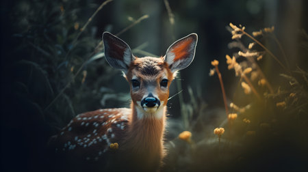 Young fawn in the forest at sunset. Beautiful animal portrait.の素材