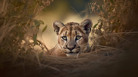 Close up of a Lion Cub, Panthera leo, hiding in the grassの素材