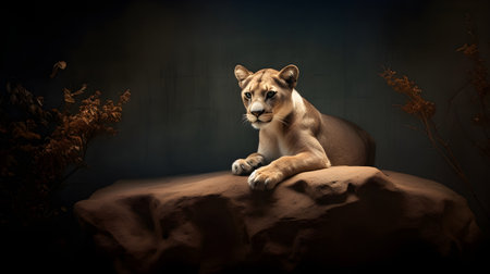 Lioness on a rock in a dark room. 3d renderingの素材