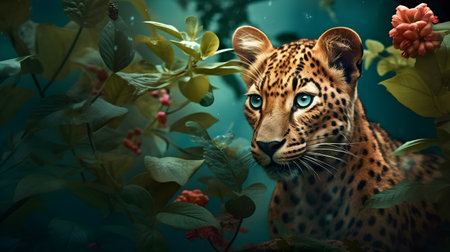 Leopard in the jungle with leaves and flowers. 3d renderingの素材