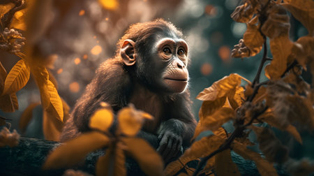 Chimpanzee sitting on a tree in the jungle. Wildlife scene from nature.の素材