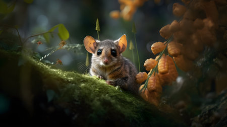 Little cute brown mouse sitting on a mossy branch in the forestの素材