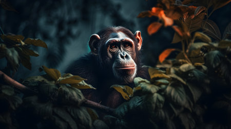 Chimpanzee sitting on a branch in the forest. Monkeyの素材