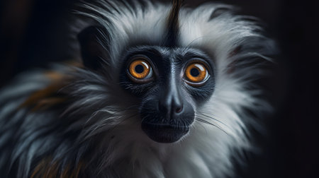 Close up portrait of a ruffed lemur with orange eyes.の素材