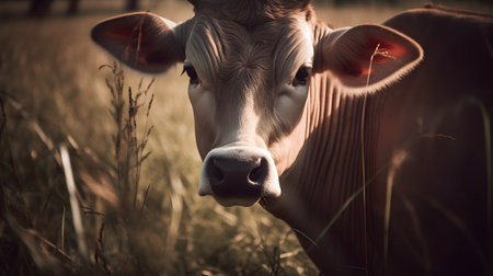 Portrait of a cow in the field. Close-up.の素材