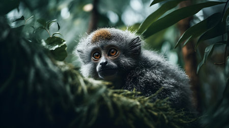 Portrait of a ruffed lemur monkey in the rainforestの素材