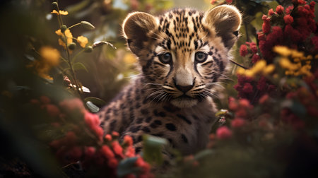 Leopard cub in the bush with red flowers. Wildlife scene from nature.の素材