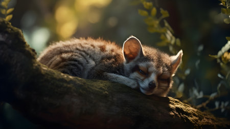 Cute red fox sleeping on a tree in the forest. Wildlife sceneの素材