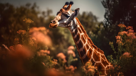 Giraffe in the savanna with flowers in the background.の素材