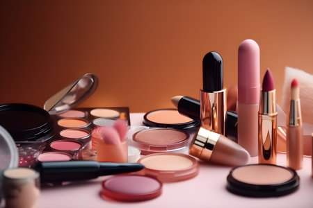 collection of make up and cosmetic beauty products arranged on pink background with copy spaceの素材