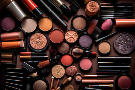 collection of make-up and cosmetic beauty products arranged on brown backgroundの素材