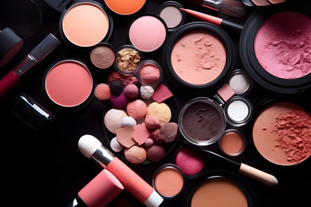 collection of make up and cosmetic beauty products arranged on black background. each one is shot separatelyの素材