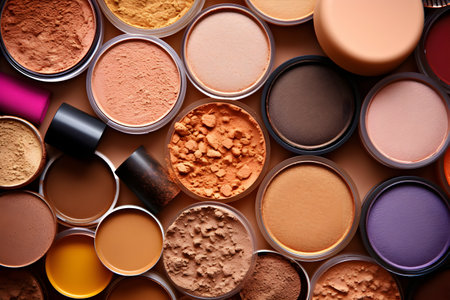 Colorful eyeshadow palette as background, top view. Professional makeup productsの素材