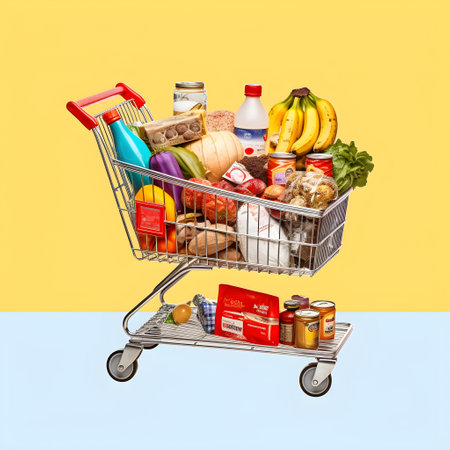 Shopping cart full of groceries isolated on yellow background with copy spaceの素材
